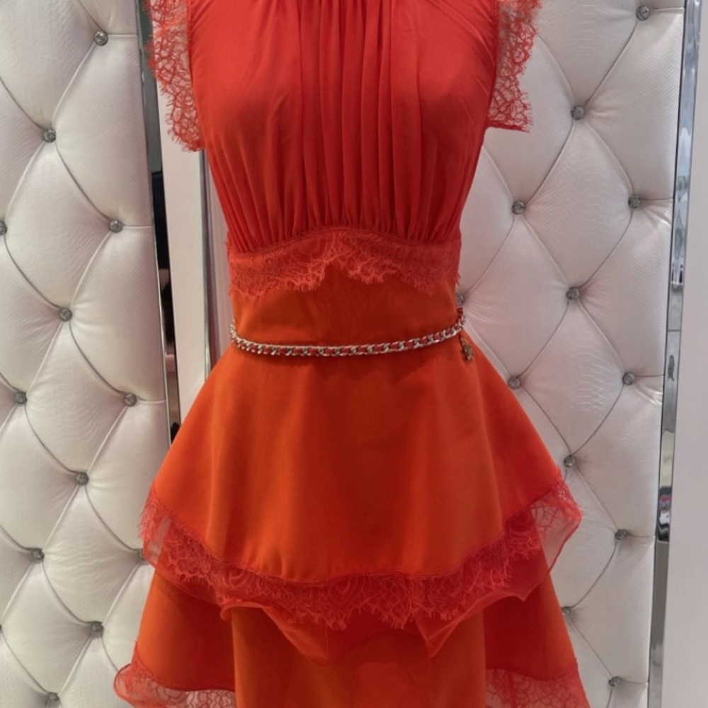 Elisabetta Franchi Orange Mini Dress with Lace Trim Sz 8-10
